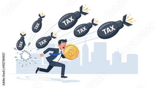Businessman Running Away from Falling Tax Bombs while Carrying a Large Gold Dollar Coin, Concept of Financial Burden, Economic Pressure, High Taxation, and Wealth Protection Vector Illustration