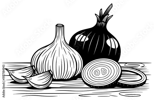 A black and white illustration of vegetables on a wooden surface, black, draw, garlic, illustration, lamp, onion, slice, table, white, against transparent background