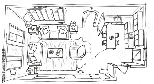 Detailed black and white sketch of a kitchen and dining area layout.