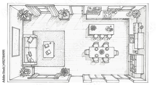 Detailed floor plan of a modern home with furniture and decor.