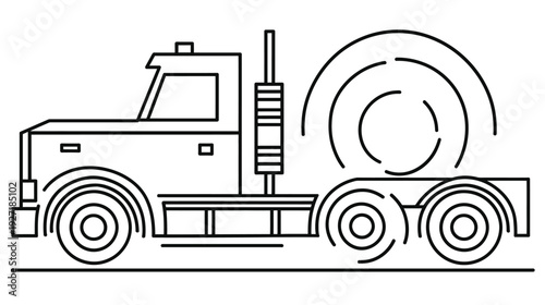Black and white line drawing of a semi-truck carrying a large cylindrical object