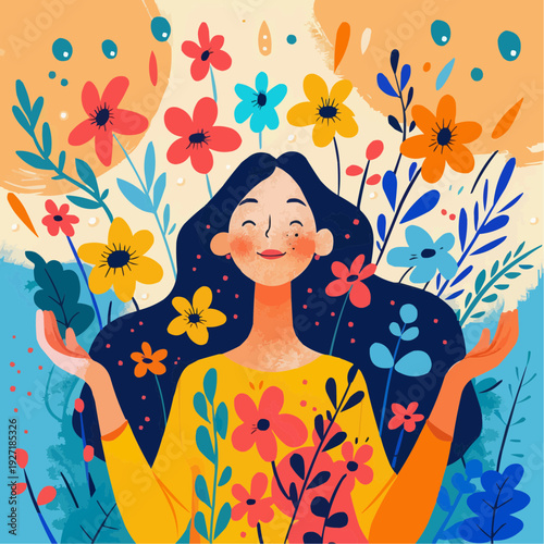 A joyful woman smiles with closed eyes, surrounded by blooming flowers. This colorful flat vector illustration evokes happiness and serenity. Ideal for wellness, mental health, and spring concepts
