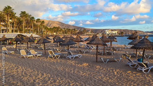 Beautiful sandy beach Playa de las Americas with palm trees and umbrellas at sunset. Tenerife, Spain.