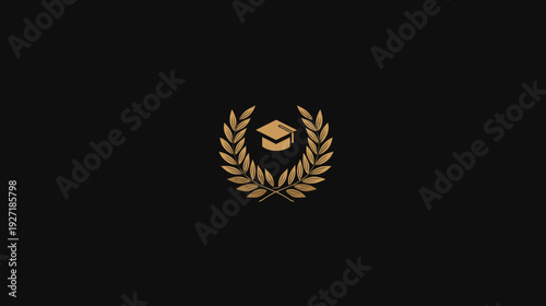 A gold-toned academic emblem features a mortarboard framed by a laurel wreath on a black background