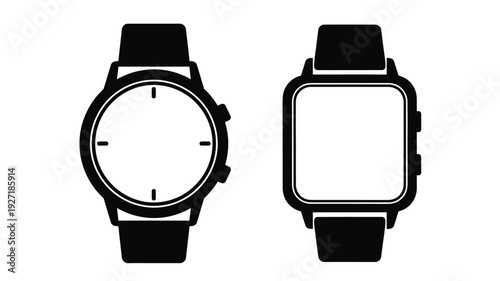 Two wristwatches displayed side by side in black silhouette