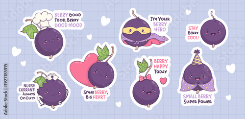 Cute Kawaii Blackcurrant Stickers Pack Set. Funny Berry Characters Cook, Nurse, Superhero, Valentine in Love and Wizard with Pun Quotes. Isolated Cartoon fruit currant. Vector illustration