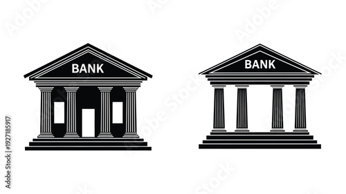 Two classical bank buildings depicted as a stark black silhouette