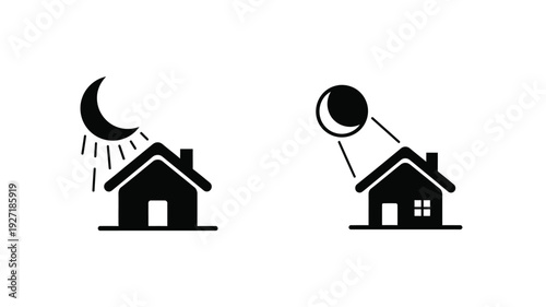 Two houses with moon and sun icons a minimalist silhouette