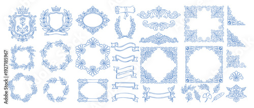 Big set of vintage baroque ornaments, heraldic crests, laurel wreaths, and ribbon banners. Classic blue line art vector illustration for luxury branding, wedding invitation, antique decor