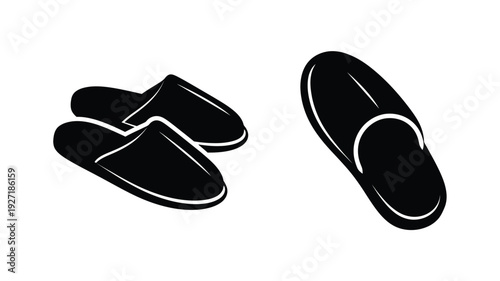 Black slippers presented in a minimalist dark outline silhouette