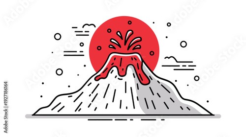 Flat illustration of a volcanic eruption, with a red sun, clouds, lines, and dots
