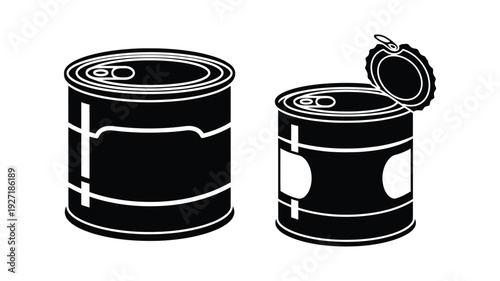 Two metal cans one open depicted as a high contrast silhouette