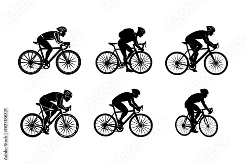 Six cyclists riding in different positions