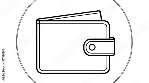A monochrome illustration of a wallet inside a circle, open to reveal a glimpse of the interior