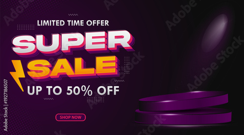Super sale promo banner with discount offer. on Luxurious Purple Stage. For offer banner social media post or website banner