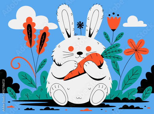 A white cartoon bunny happily holding a carrot