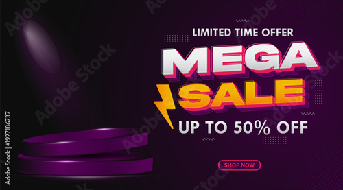 Mega sale promo banner with discount offer. 50% off. on Luxurious Purple Stage. For offer banner social media post or website banner