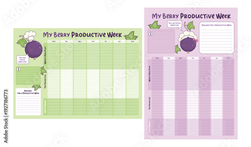 Weekly Meal Planner and Productivity Bundle. Printable Layouts with Cute Kawaii Male and Female Chef Mascot. Horizontal and Vertical Kitchen Organizer for Goals and Reward. Vector Illustration