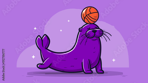A cartoon seal balances a basketball on its head, smiling on a purple background with sparkles