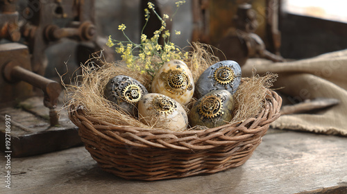 Decorated Easter Eggs in a Rustic Basket with Flowers