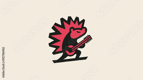 A stylized hedgehog character, colored red and black, playing a guitar. Illustration over cream