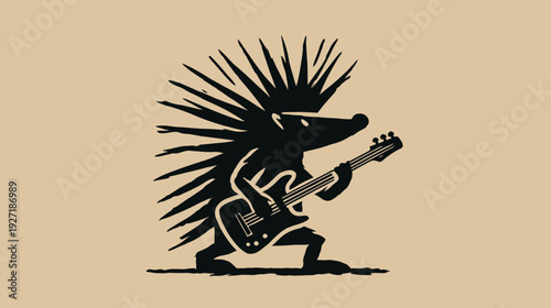 A monochrome illustration features a hedgehog playing a guitar against a tan background