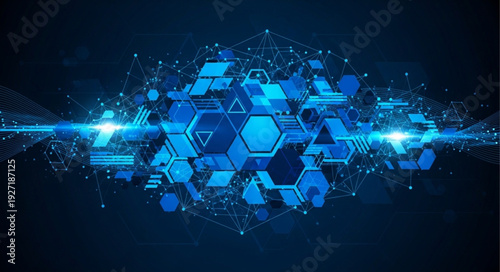 Abstract Geometric Hexagonal Shapes and Digital Network Connections on Blue Background.