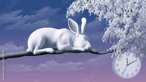 White Rabbit Sleeping Under Blossoming Tree with Clock