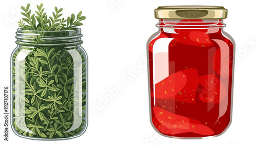 Organic homemade glass jars of pickled vegetables and canned red tomatoes health preserved food set “isolated transparent background, editable vector artwork ai illustration file,”

