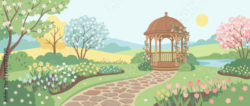 Beautiful spring garden flat vector illustration with a rustic stone path leading to a charming wooden gazebo, surrounded by blooming flowers, cherry blossom trees, green hills, and a sunny sky.