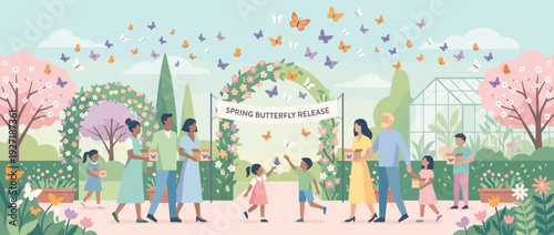 Spring butterfly release event in a botanical garden with diverse families and children releasing butterflies from boxes near floral arches, blooming cherry blossoms, and a glass greenhouse.