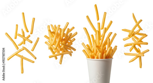 Collection of french fries flying and in a cup isolated on transparent background