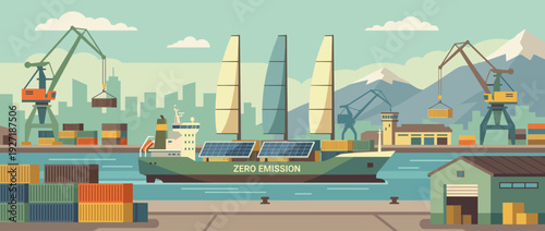 Flat vector illustration of a modern zero emission cargo ship equipped with solar panels and wind sails docked in a busy industrial port with cranes, shipping containers, and mountain backdrop.