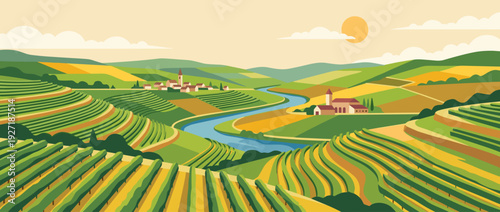 Flat vector illustration of a panoramic view of terraced vineyards along a winding river valley in spring, featuring a small village, rolling hills, and a bright sun in a scenic rural landscape.