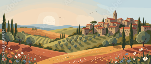 Flat vector illustration of a peaceful spring morning in a Tuscan hill town with cypress trees, olive groves, and rolling hills under a warm sunrise. Scenic Italian countryside village landscape.