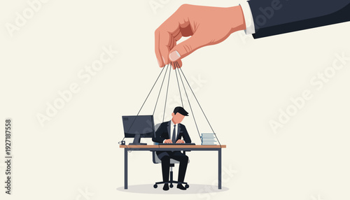 Corporate Puppet Master Concept with a Giant Hand Controlling a Businessman Working at a Computer Desk. Illustration of Micromanagement, Manipulation, Power Dynamics, and Lack of Employee Autonomy.
