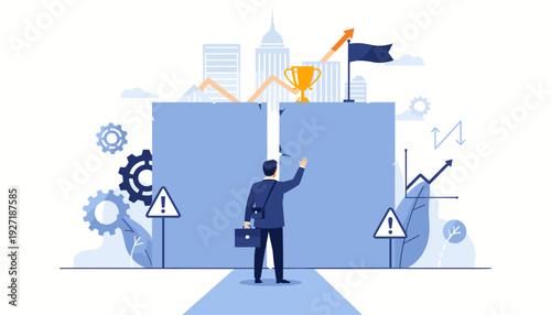 Businessman facing a gap and obstacles to reach success, represented by a trophy and city skyline. Concept of overcoming challenges, career growth, problem-solving, and achieving business goals.