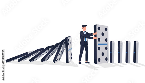 Businessman in a suit stopping a chain reaction of falling dominoes, representing risk management, crisis intervention, business stability, problem solving, and strategic leadership concept.