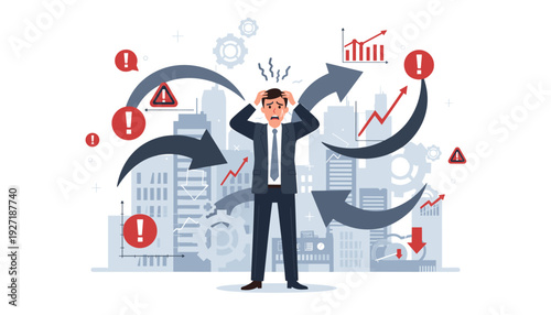 Stressed businessman in suit holding head in panic surrounded by chaotic arrows, warning signs, and market graphs, representing work pressure, career struggle, and professional burnout crisis.