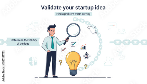 Businessman with magnifying glass examining light bulb to validate startup idea. Concept of market research, problem solving, business strategy, data analysis, and entrepreneurial innovation.