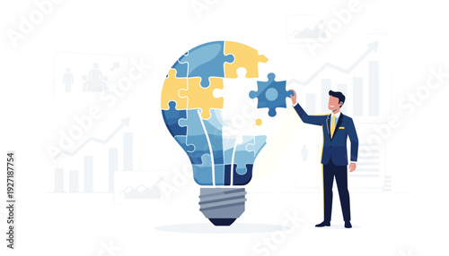 Businessman Completing a Light Bulb Jigsaw Puzzle with the Final Piece, Representing Creative Business Idea, Innovation, Strategic Problem Solving, Collaboration, and Success in Corporate Growth.