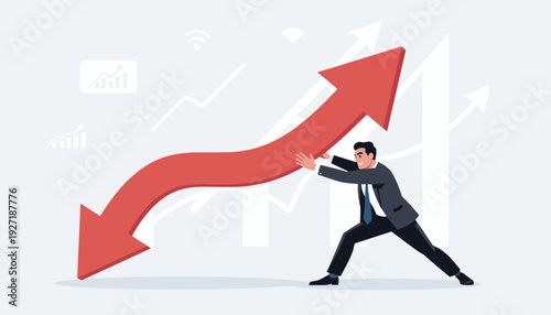 Businessman in a suit pushing a large red arrow upwards to change its direction from a downward trend to a positive increase, symbolizing business growth, economic recovery, and leadership effort.