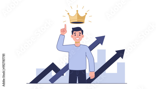 Successful Man with Golden Crown Above Head Pointing Up. Concept of High Self Esteem, Leadership, and Personal Growth. Business Background with Rising Arrows and Charts. Vector Illustration.