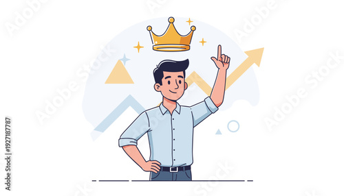 Vector Illustration of a Confident Man with a Golden Crown Above His Head Pointing Upwards, Symbolizing Positive Self-Esteem, Success, Leadership, Personal Growth, and Business Achievement.