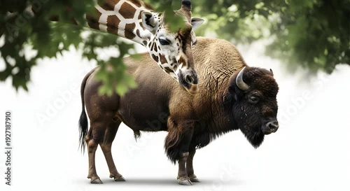 Obraz Wildlife portrait bison and giraffe in natural habitat animals in harmony