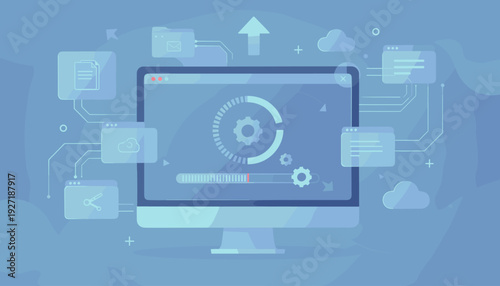 System Update and Data Synchronization Concept Illustration with Progress Bar, Gears, and Cloud Computing Icons on a Computer Monitor Screen for Software Installation and Network Processing