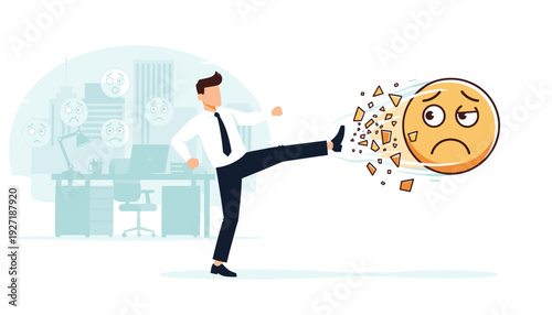 Businessman Kicking Away a Large Sad Emoji Representing Stress and Anxiety in the Office, Concept of Overcoming Emotional Problems, Mental Health at Work, and Positive Mindset Transformation