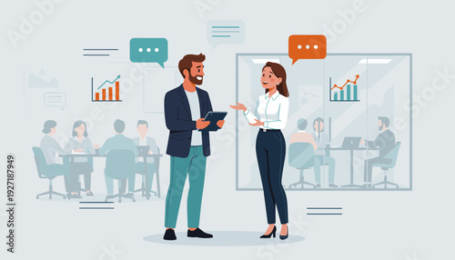 Business man and woman having a productive dialogue in a modern office workspace with data charts and speech bubbles, illustrating corporate communication, collaboration, and teamwork.