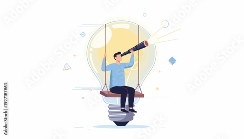 Businessman Sitting on a Swing Inside a Glowing Light Bulb Looking Through a Telescope for New Ideas and Business Opportunities, Concept of Innovation, Brainstorming, Vision, and Creative Strategy