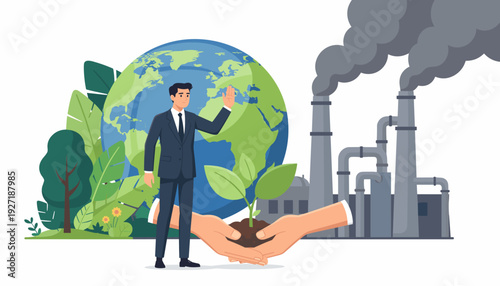 Businessman stopping industrial pollution and global warming concept with Earth globe, green nature and factory smoke. Sustainable development, environmental protection, eco-friendly future.